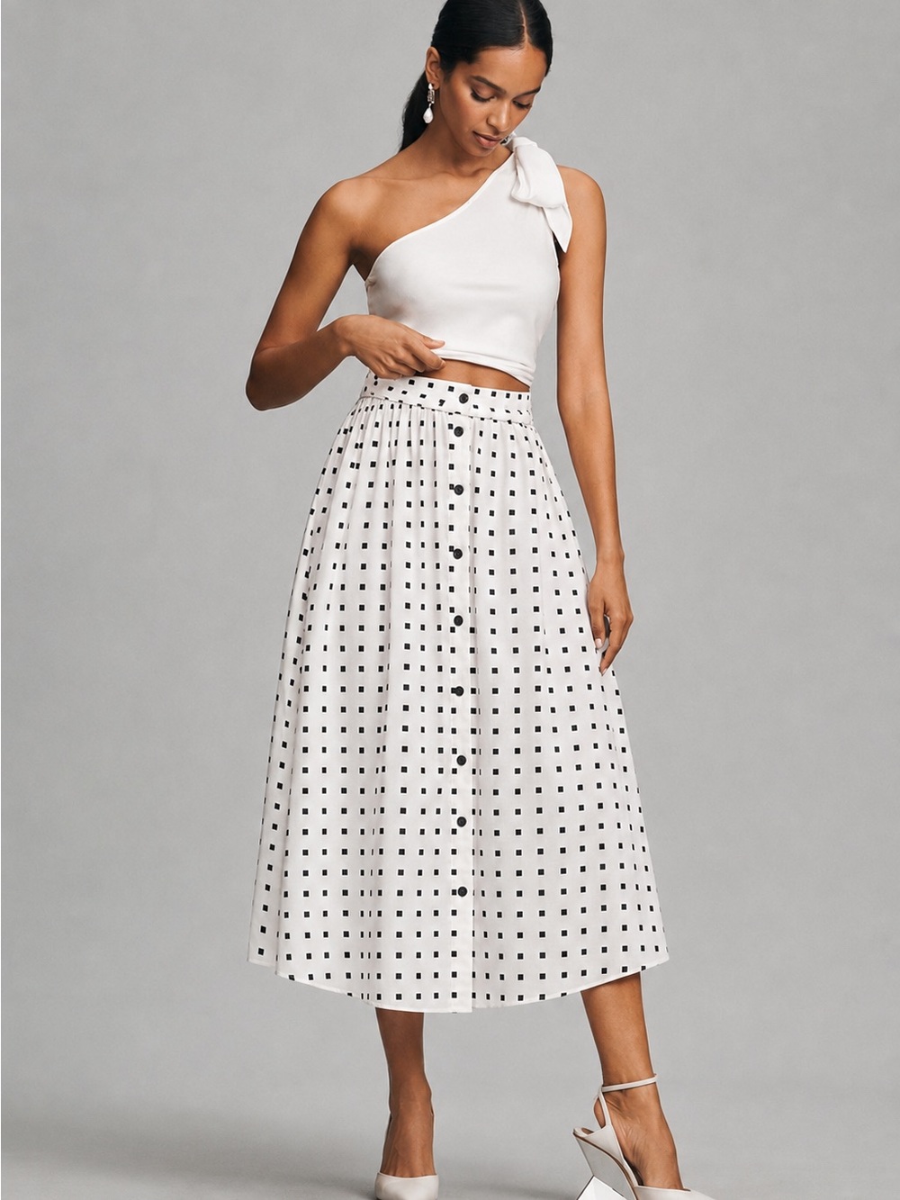 SWF Polka Dot Button Front Midi Skirt White Black Belted A-Line